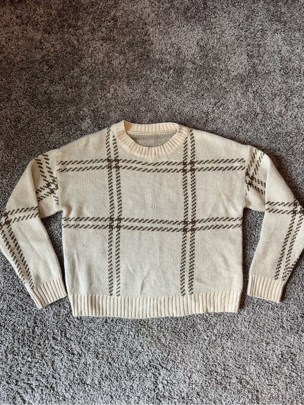 SHEIN Women’s Medium Cream Knit Crewneck Sweater with Brown Plaid Pattern